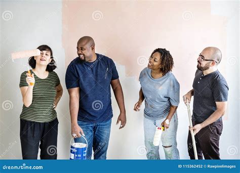 diverse people renovating  house stock photo image  estate