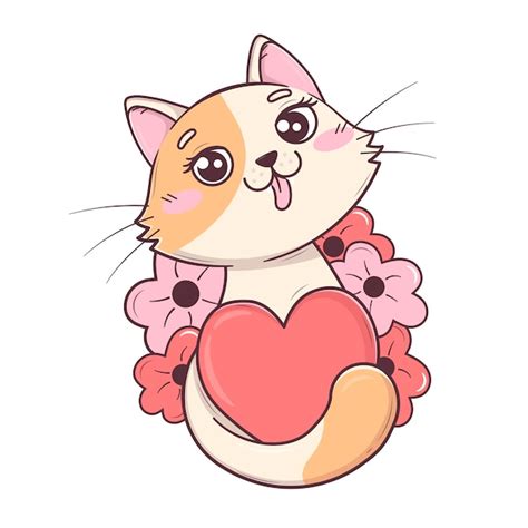 Premium Vector Kawaii Cute Valentines Cat Hugged Heart With Tail