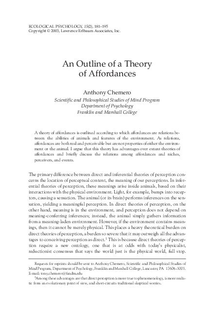 (PDF) A. Chemero, “An Outline of a Theory of Affordances”, Ecological Psychology, 15, 2, 181-195 ...