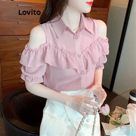 Lovito Casual Plain Button Ruffle Blouse For Women Lna Shopee