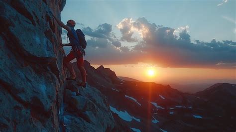 Premium Photo | A fearless adventurer climbs a steep mountain at sunset ...
