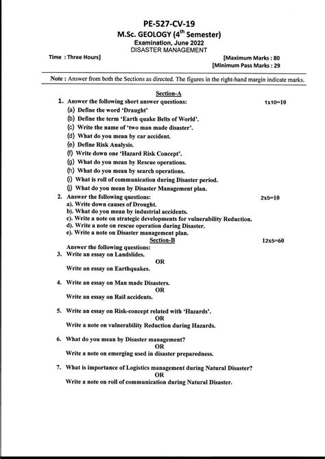 Bilaspur University Question Paper June 2022 M Sc Geology Fourth Semester Disaster Management