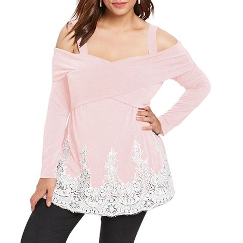 Plus Size Cold Shoulder Front Criss Cross Applique T Shirt Light Pink 3286777720 Size L