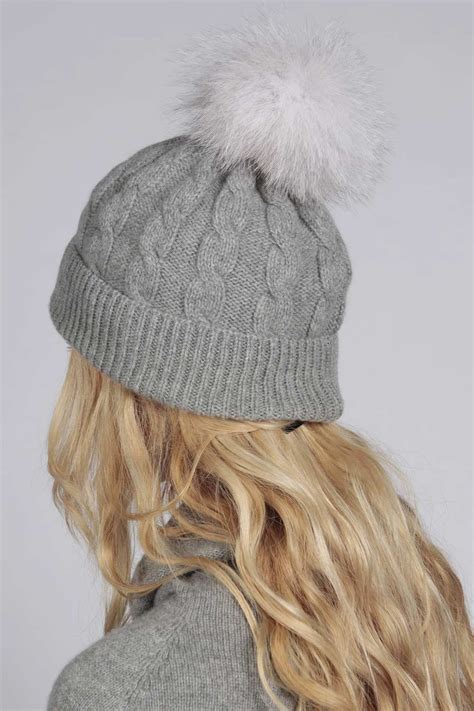 Light Grey Pure Cashmere Fur Pom Pom Cable Knit Beanie Hat