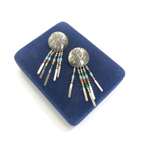 Navajo Sterling Silver And Gemstone Bead Dangle Earrings Silver Etsy