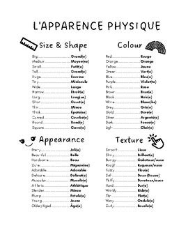 Physical Appearance L Apparence Physique French English Vocabulary List