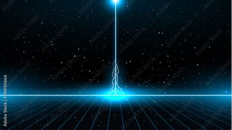 Retrowave Sci Fi Bright Blue Laser Perspective Grid With Lightning