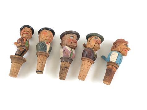 Lot 5pc Vintage Hand Carved Anri Bottle Stoppers