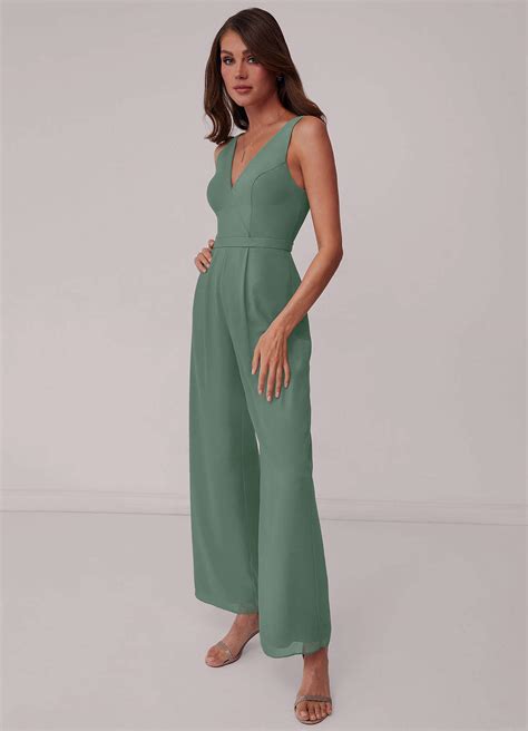 Eucalyptus Shirred V Neck Chiffon Jumpsuit Bridesmaid Dresses Azazie