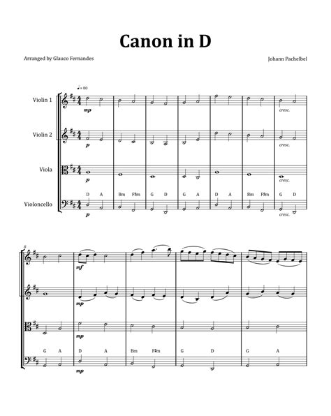 Canon By Pachelbel String Quartet With Chord Notation Arr Glauco Fernandes Sheet Music