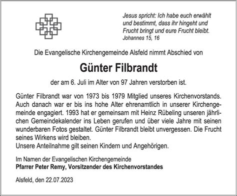 Traueranzeigen von Günter Filbrandt vrm trauer de