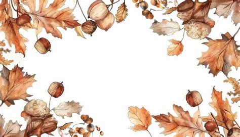 A Watercolor Painting Of Autumn Leaves With Acorns And Walnuts