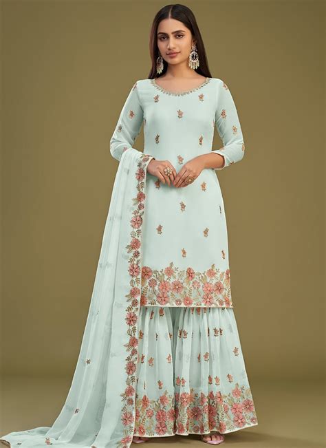 Shop Light Blue Faux Georgette Embroidered Sharara Suit Party Wear