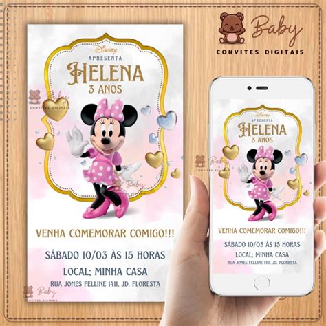 Convite Minnie Rosa E Dourado Digital Elo7 Produtos Especiais