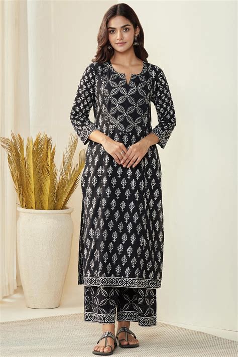 Buy Black Hand Block Printed Straight Cotton Kurta For Women Fgmk24 296 Farida Gupta