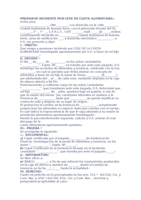 Modelo Incidente Parsa Estudiar PROMUEVE INCIDENTE POR CESE DE CUOTA