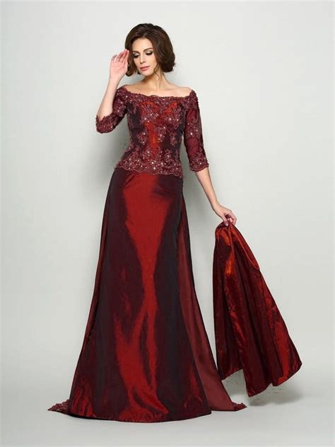 Abendkleid Brautmutterkleider Lang Weinrot Taft Mit Spitze Strass Rmel