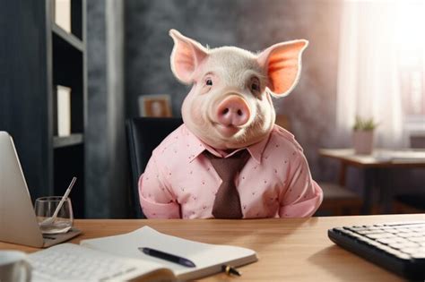 Premium Ai Image A Pig In A Pink Shirt With A Tie Sits At The Office