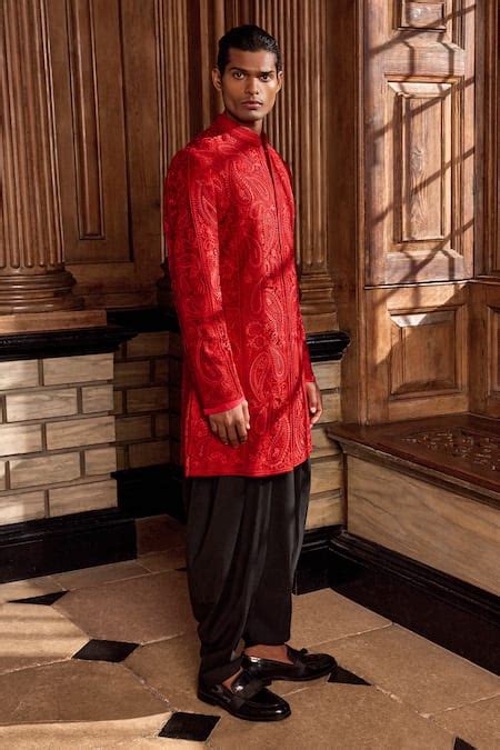 Buy Red Sherwani Raw Silk Embroidery Thread Paisley Set For Men By