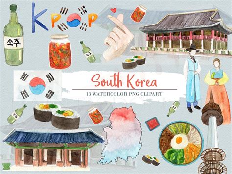 South Korea Clipart Watercolor Digital Download Travel East Asia Flag ...