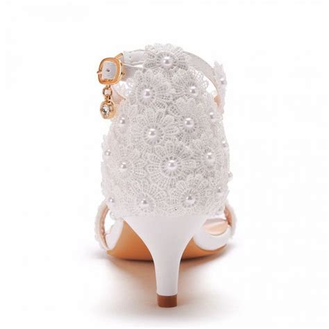 Charming White Pearl Lace Flower Wedding Shoes 2022 5 Cm Stiletto Heels Open Peep Toe Wedding