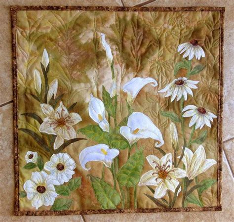 Hand Painted Fabric Art Quilt Wallhanging White Flowers Etsy