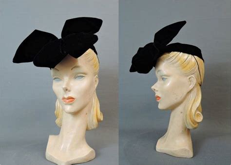 1940s Black Velvet Hat With Big Bow Front Vintage Topper Etsy