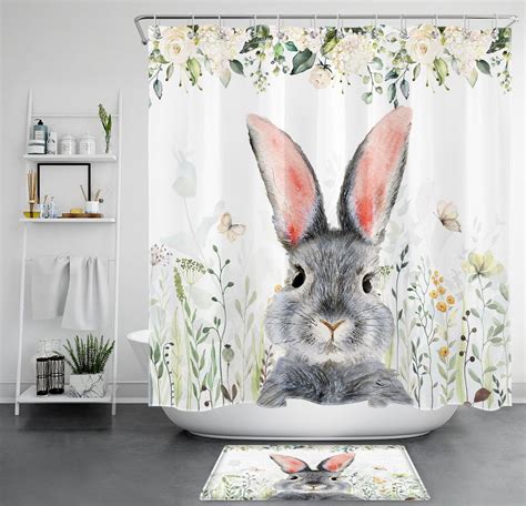 Nature Inspired Bathroom Bliss Botanical Green Leaf Flower Grey Rabbit