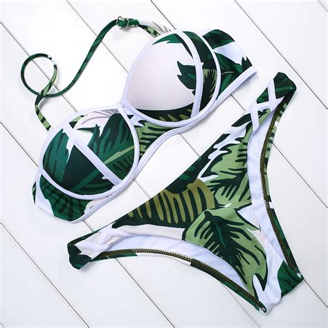 Suittop 2018 Sexy Bikini Women Swimwear Green Leaves Print Swimsuit