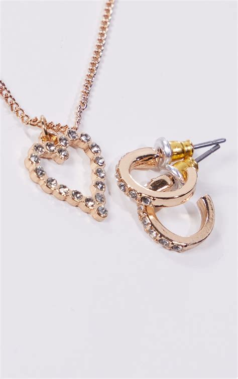 Plt Gold Diamante Heart Earring And Necklce Set Accessories Prettylittlething Usa