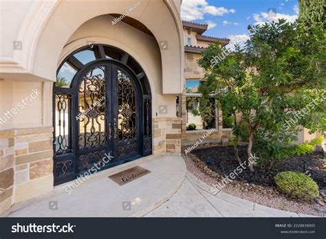Luxury Mediterranean Home Circular Driveway Stock Photo 2228834005