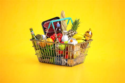 Shopping Basket Full Of Variety Of Grocery Products Food And Drink On