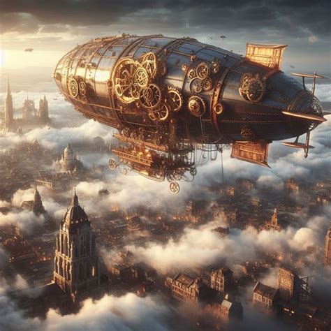 Steampunk Airship Adventure A Cinematic Image Of A Massive Steampunk