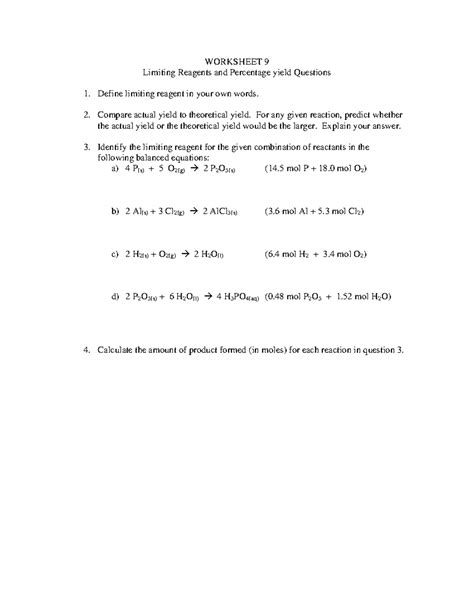 Worksheet Limiting Reagents And Percentage Yield Doc Worksheet