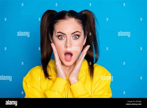 Closeup Photo Of Attractive Shocked Lady Funny Two Tails Hairdo Open