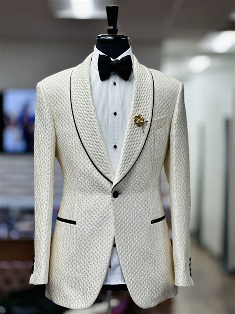 White Deluxe Jacquard Tuxedo Jacket With Black Trim On Lapel Stanlion