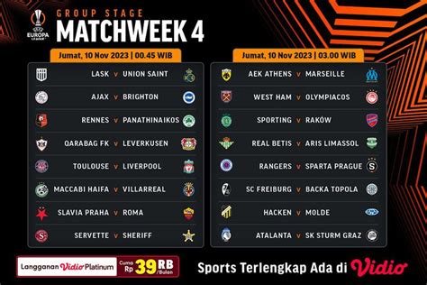 Jadwal Live Streaming Liga Europa 2023 2024 Matchday 4 Di Vidio 10