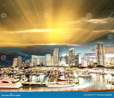 Skyline Of Miami At Night From Port Boulevard Bridge Stock Image