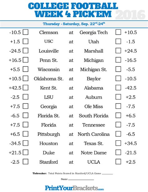 Week 4 College Football Pickem Sheets Printable