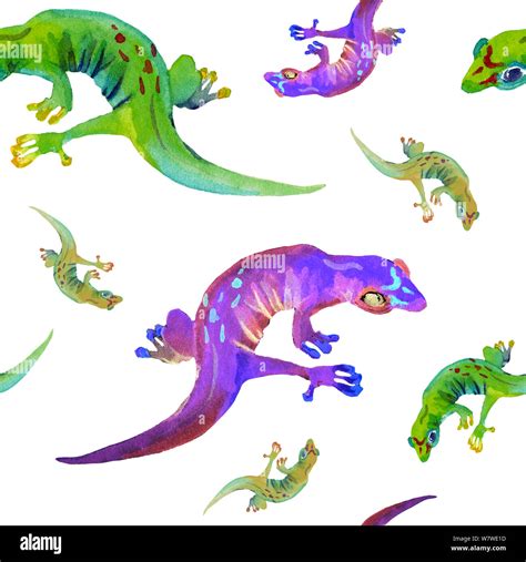 Watercolor Hand Drawn Seamless Pattern Of Different Color Lizards