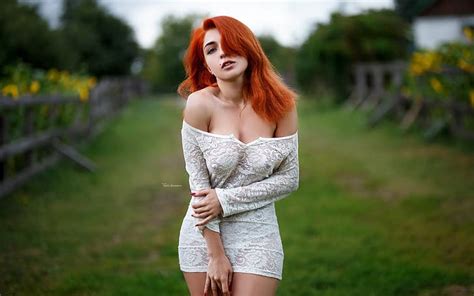 Look Girl Pose Dress Neckline Red Redhead Maxim Romanov Maks