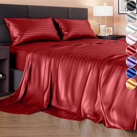 Decolure Striped Satin Sheet Queen Set 4pcs Luxurious Silk Feel