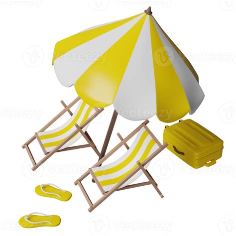 Free Summer Travel With Yellow Suitcase Beach Chair Umbrella Cloud Sandals Isolated Concept