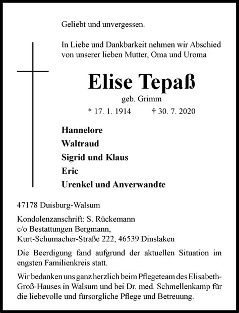 Alle Traueranzeigen für Elise Tepaß trauer rp online de