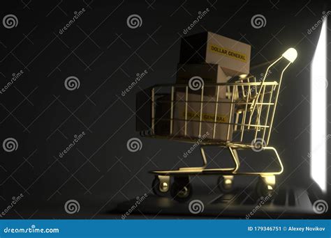 Boxes With Dollar General Logo In Golden Shopping Cart On Computer