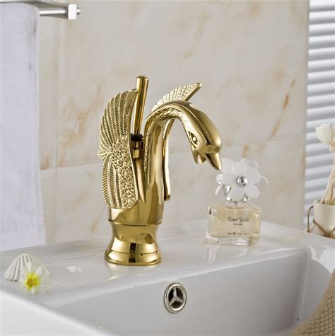 Gold Fancy Basin Brass Faucet Tap Mixer Hot And Cold Spout 12 Inch Height Golden Swan Colour At