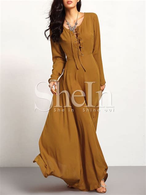 Brown Long Sleeve Lace Up Maxi Dress Shein Sheinside