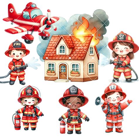 Firefighters Clipart Bundle Watercolor Fire Department Firemen Fire