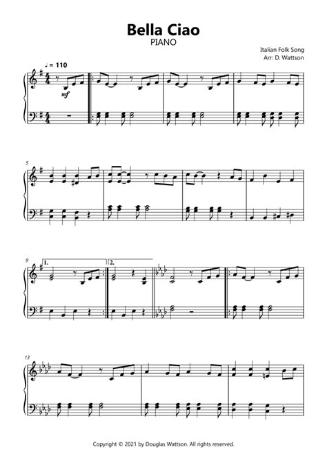 Bella Ciao Arr Douglas Wattson By Italian Folk Song Sheet Music For