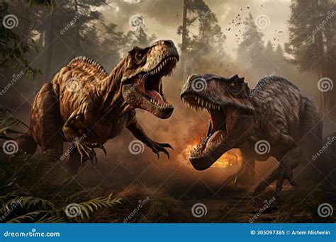 Dinosaur Scene of the Two Dinosaurs Fighting. Stock Image - Image of prehistoric, wildlife ...